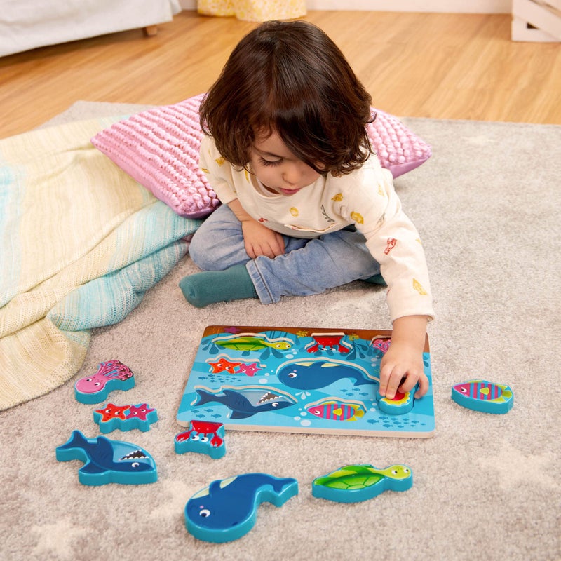 B. toys- Peek & Explore 3-Pack - Farm, Sea, Dinos- Chunky Puzzle 3-Pack - Wooden Puzzles- 8 Pieces Each - 2 Years + - Image 3